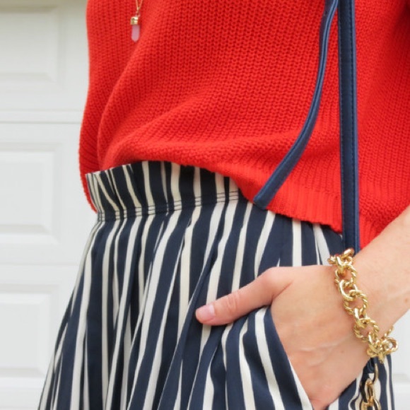 🆕 J Crew Pleated Midi Stripe Skirt Navy & White - Picture 5 of 16